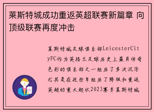莱斯特城成功重返英超联赛新篇章 向顶级联赛再度冲击