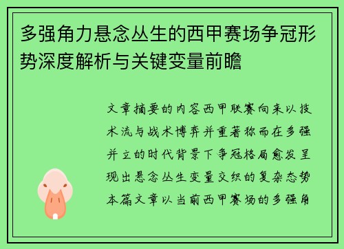 多强角力悬念丛生的西甲赛场争冠形势深度解析与关键变量前瞻 多强角力悬念丛生的西甲赛场争冠形势深度解析与关键变量前瞻